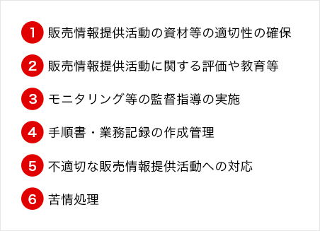 (1)販売情報提供活動の資材等の適切性の確保 (2)販売情報提供活動に関する評価や教育等 (3) モニタリング等の監督指導の実施 (4)手順書・業務記録の作成管理 (5)不適切な販売情報提供活動への対応 (6)苦情処理